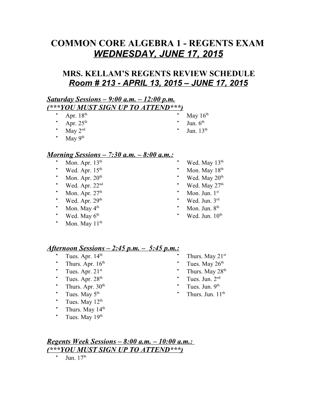 Mrs. Kellam S Regents Review Schedule