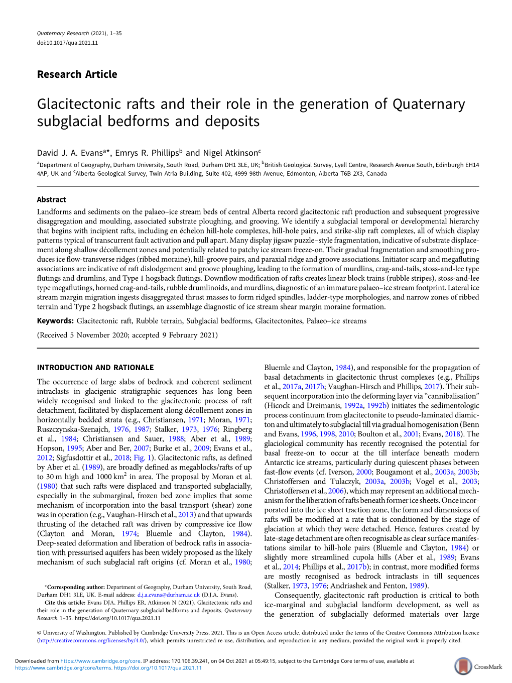 Glacitectonic Rafts and Their Role in the Generation of Quaternary Subglacial Bedforms and Deposits
