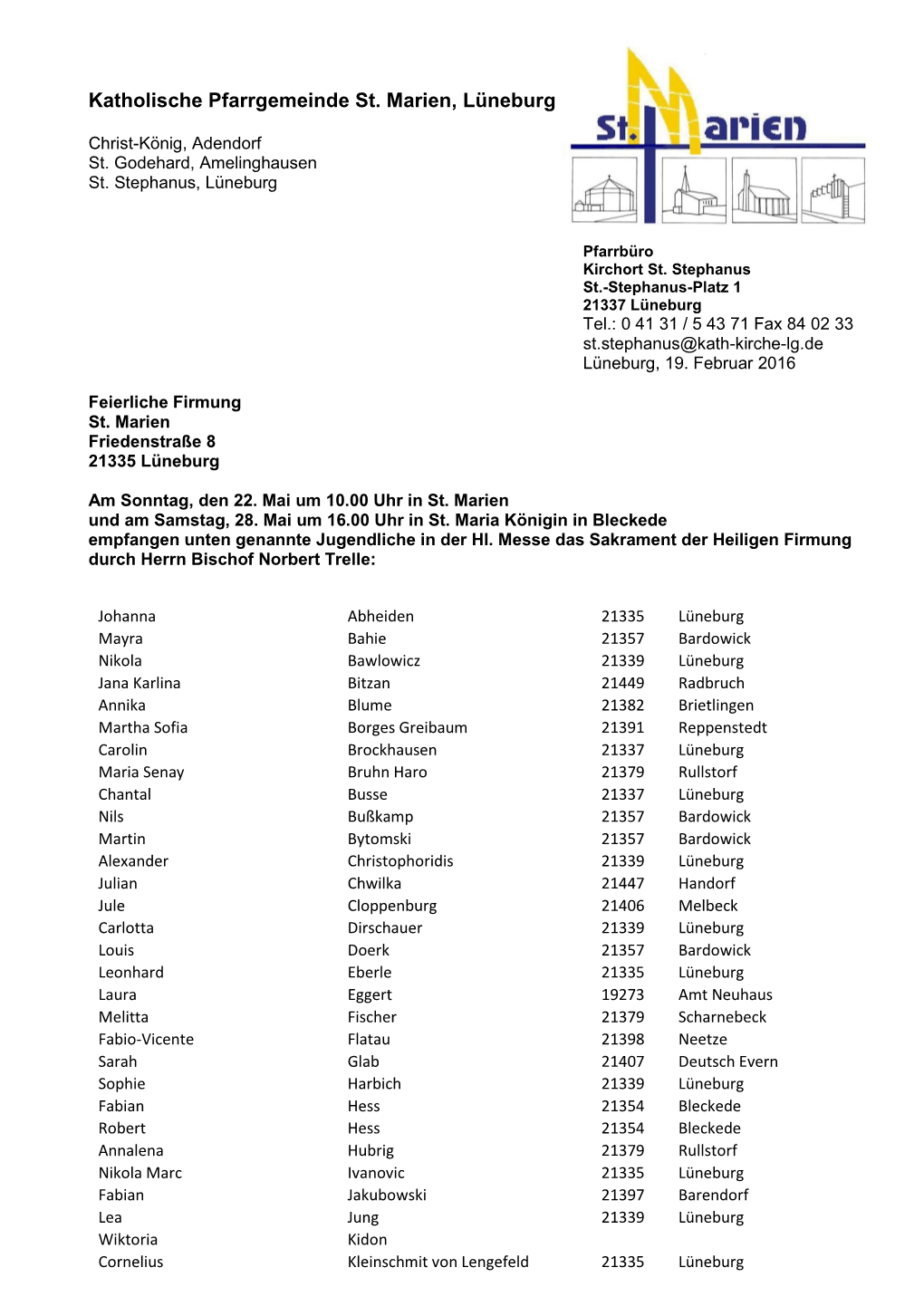 Namen Der Firmanden Bei Der Firmung 2016