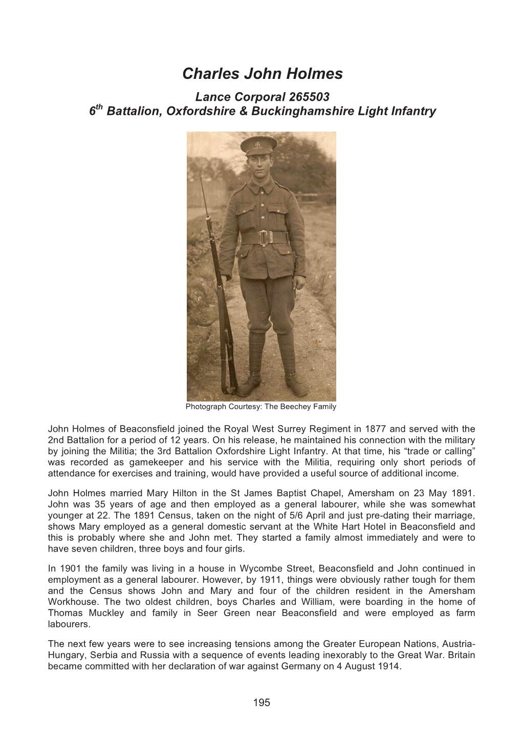 Charles John Holmes Lance Corporal 265503 6Th Battalion, Oxfordshire & Buckinghamshire Light Infantry