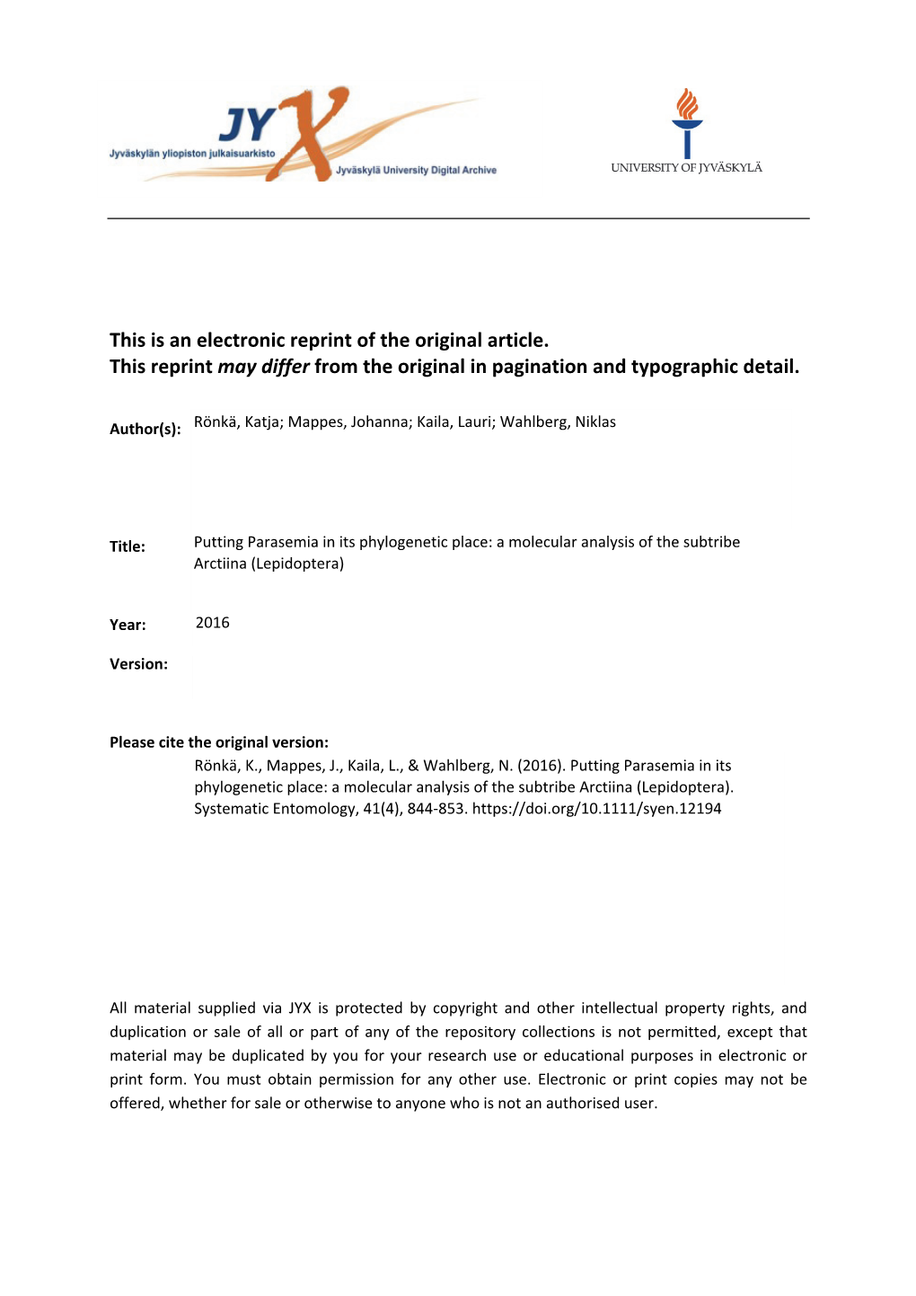 A Molecular Analysis of the Subtribe Arctiina (Lepidoptera)