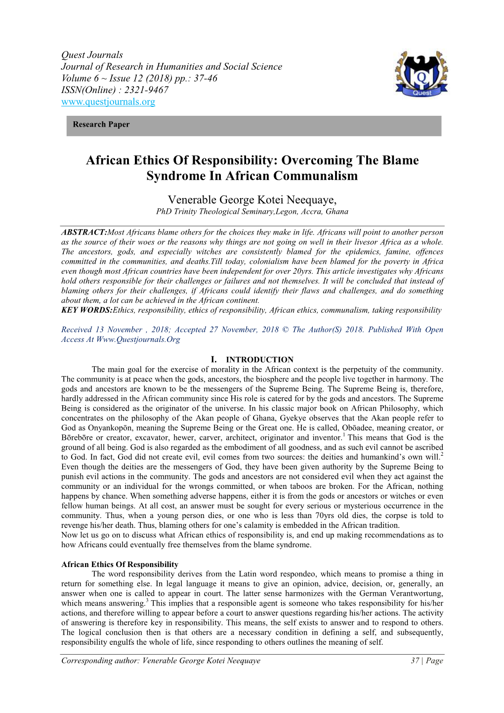 African Ethics of Responsibility: Overcoming the Blame Syndrome in African Communalism