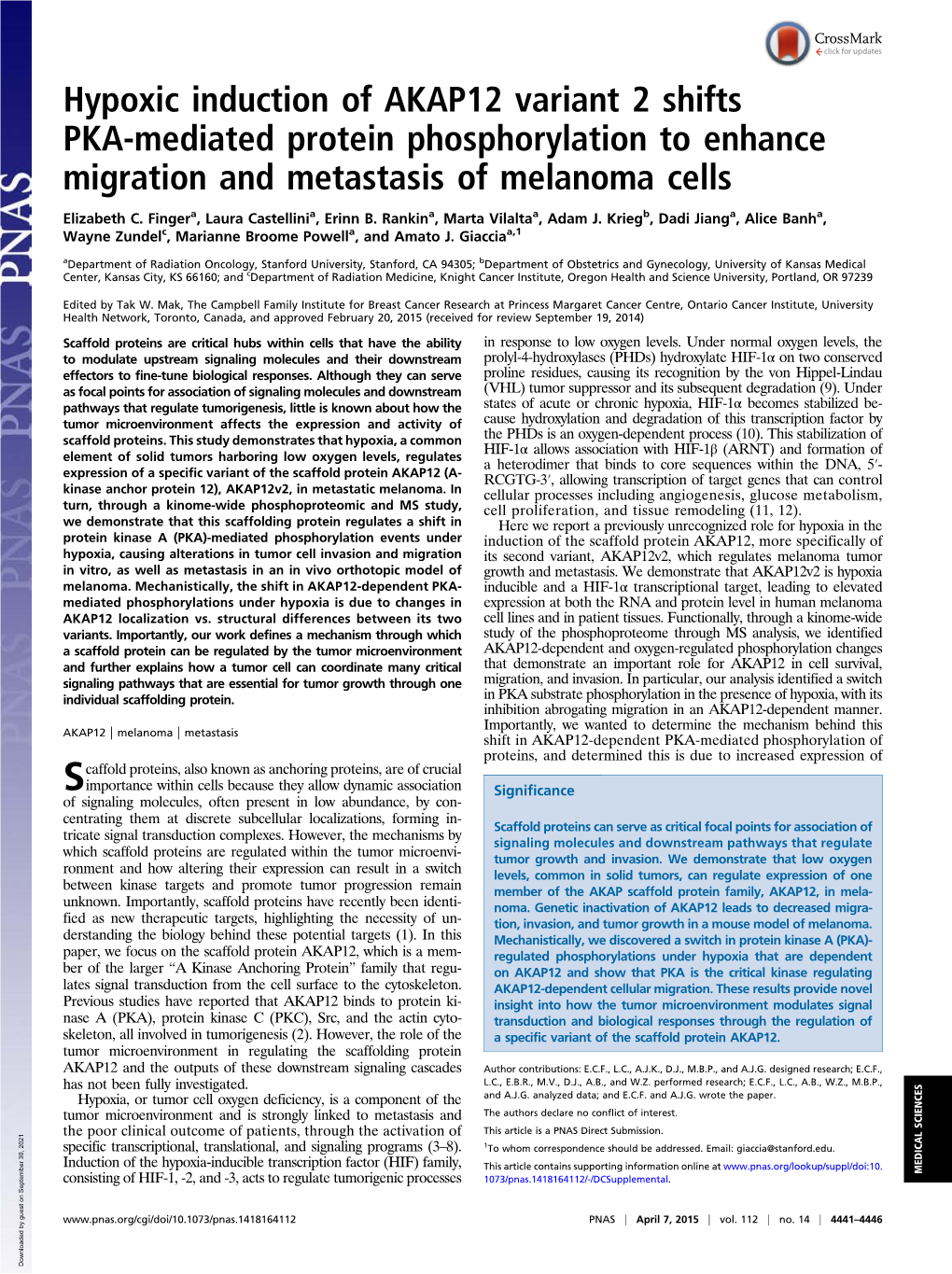 Hypoxic Induction of AKAP12 Variant 2 Shifts PKA-Mediated Protein Phosphorylation to Enhance Migration and Metastasis of Melanoma Cells