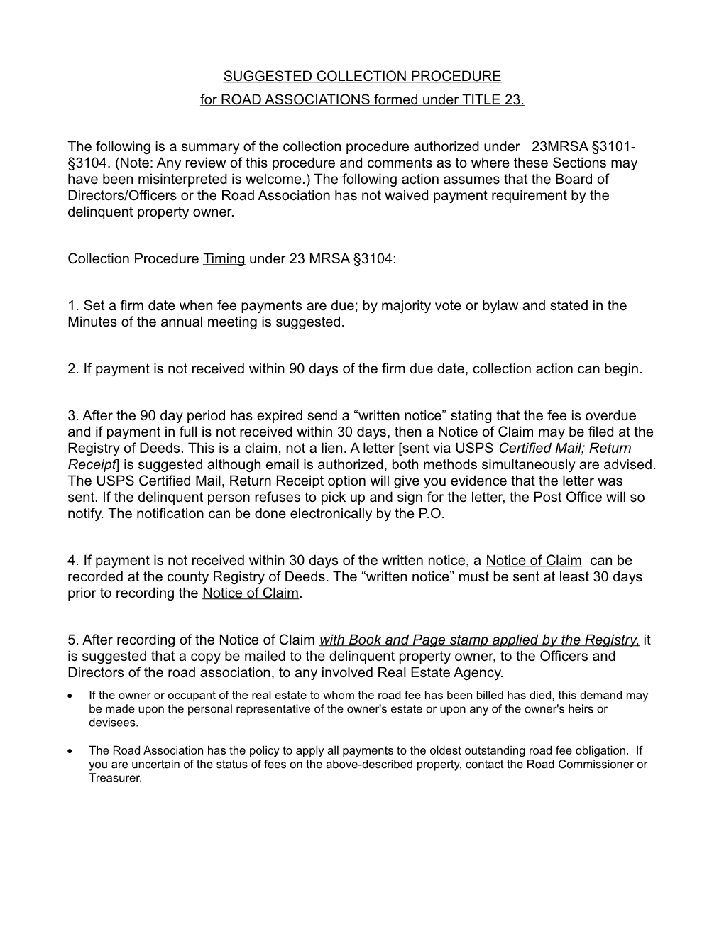 For ROAD ASSOCIATIONS Formed Under TITLE 23