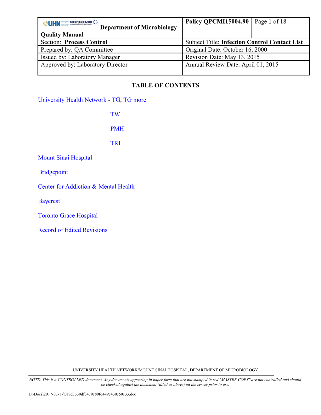 Infection Control Contact List – Uhn
