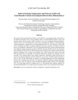 Effect of Soaking Temperature and Time on GABA and Total Phenolic Content of Germinated Brown Rice (Phitsanulok 2)