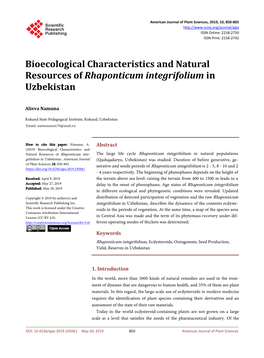 Bioecological Characteristics and Natural Resources of Rhaponticum Integrifolium in Uzbekistan