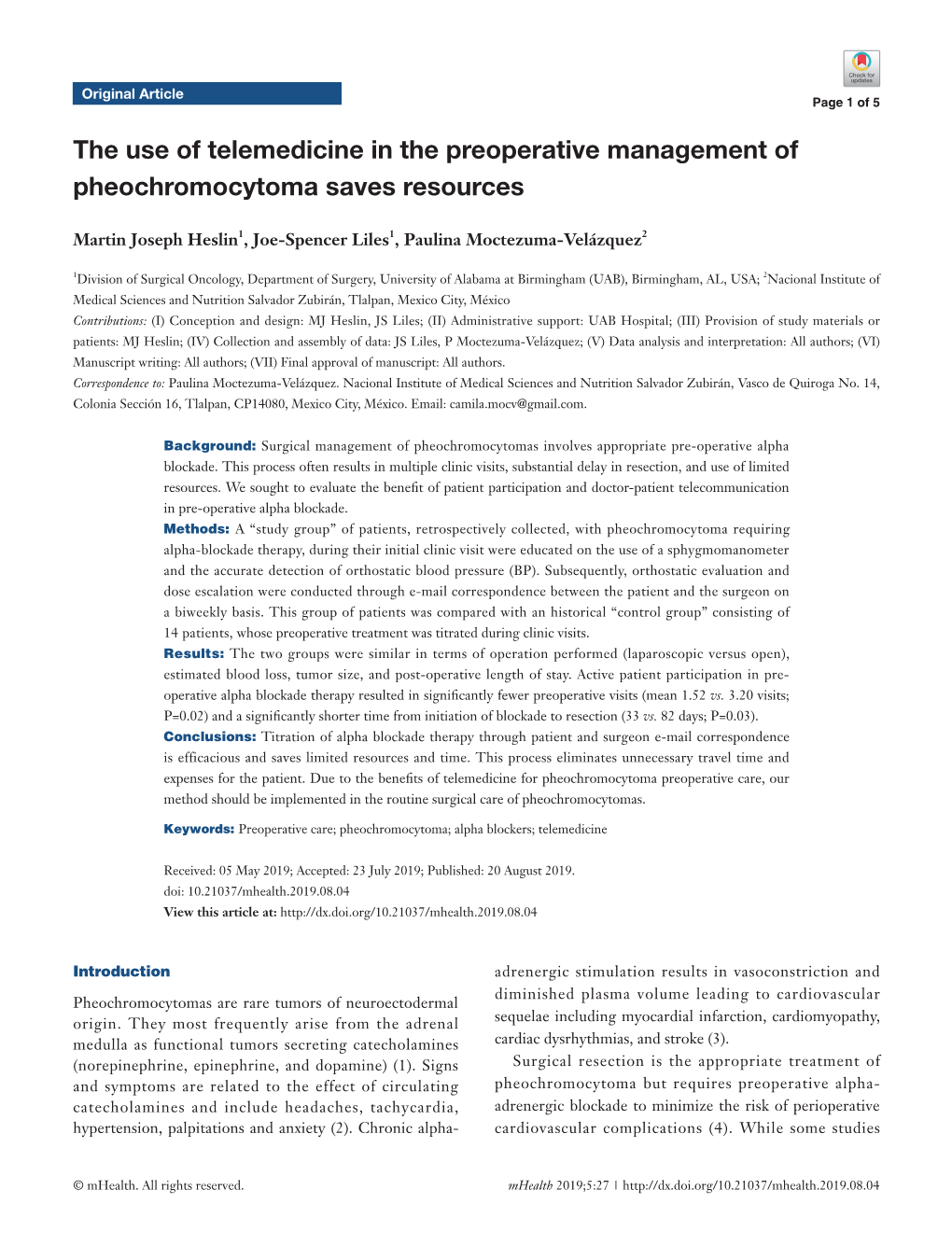 The Use of Telemedicine in the Preoperative Management of Pheochromocytoma Saves Resources
