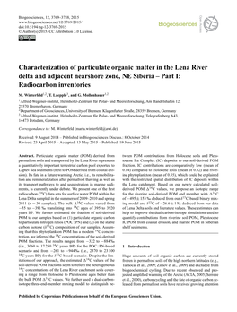 Characterization of Particulate Organic Matter in the Lena River Delta and Adjacent Nearshore Zone, NE Siberia – Part I: Radiocarbon Inventories
