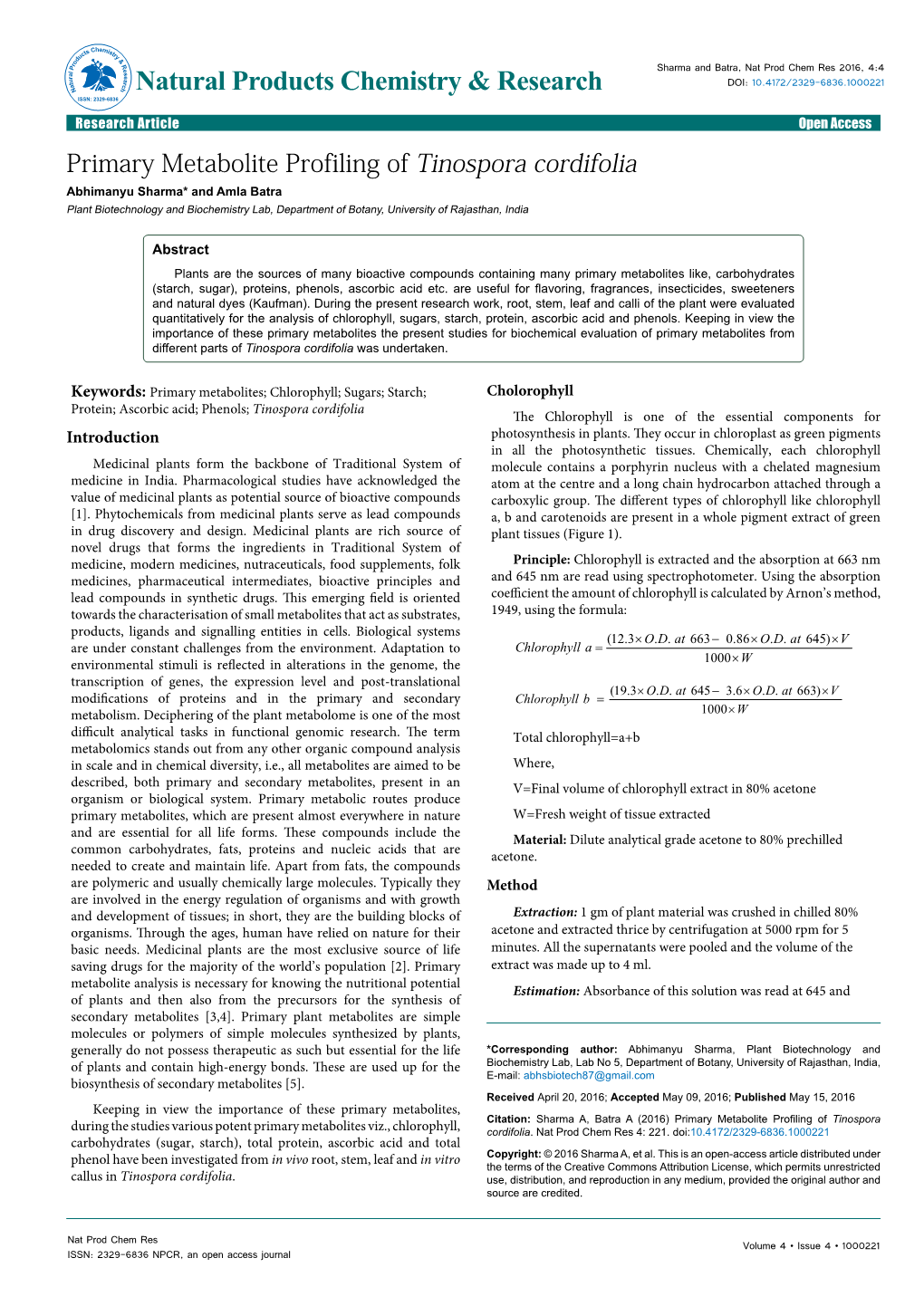 Primary Metabolite Profiling of Tinospora Cordifolia