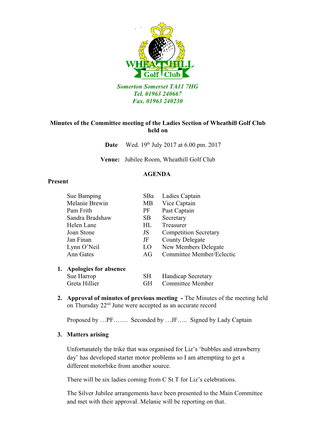 Minutes of the Committee Meeting of the Ladies Section of Wheathill Golf Club Held On