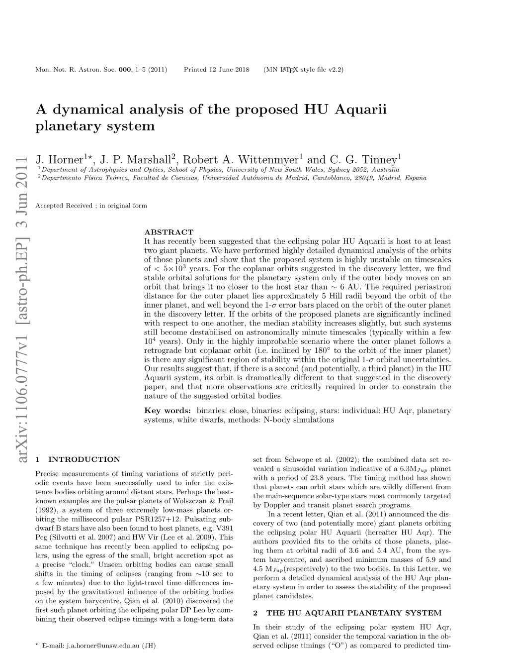 A Dynamical Analysis of the Proposed HU Aquarii Planetary System 3 Given in Qian Et Al