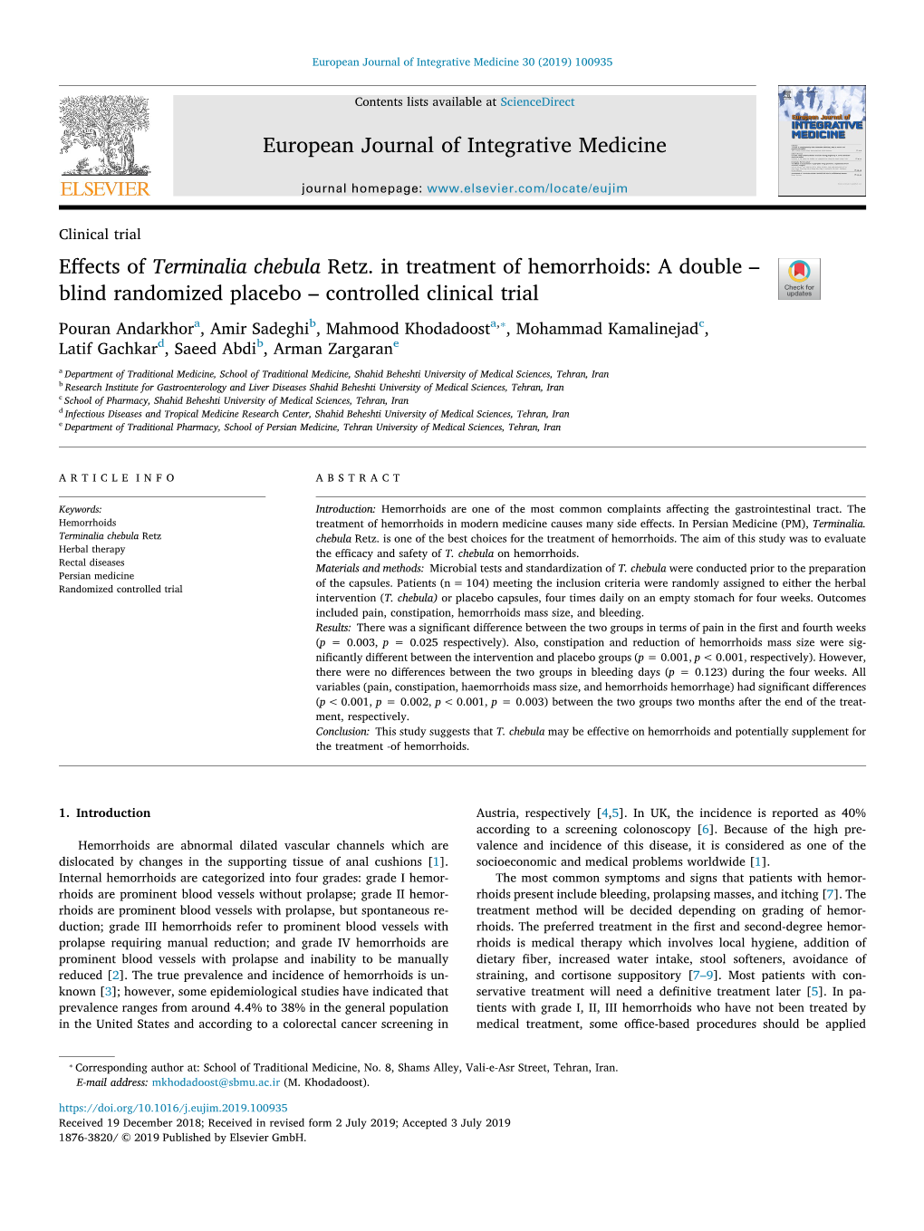 Effects of Terminalia Chebula Retz. in Treatment of Hemorrhoids a Double