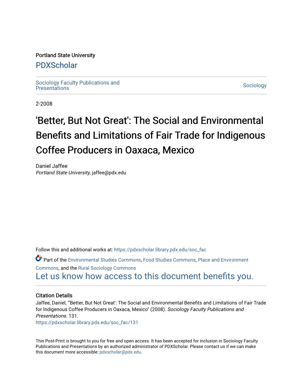 'Better, but Not Great': the Social and Environmental Benefits and Limitations of Airf Trade for Indigenous Coffee Producers in Oaxaca, Mexico