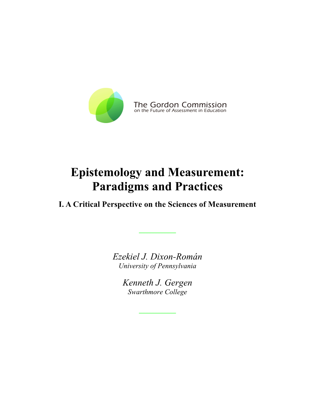 Epistemology and Measurement: Paradigms and Practices I