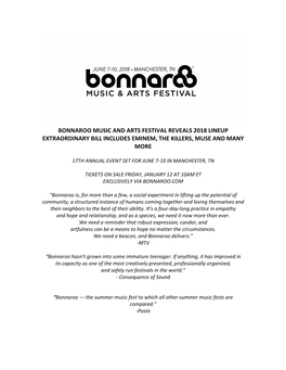Bonnaroo Music and Arts Festival Reveals 2018 Lineup Extraordinary Bill Includes Eminem, the Killers, Muse and Many More