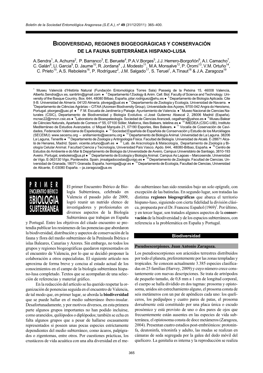 Biodiversidad, Regiones Biogeográgicas Y Conservación De La Fauna Subterránea Hispano-Lusa