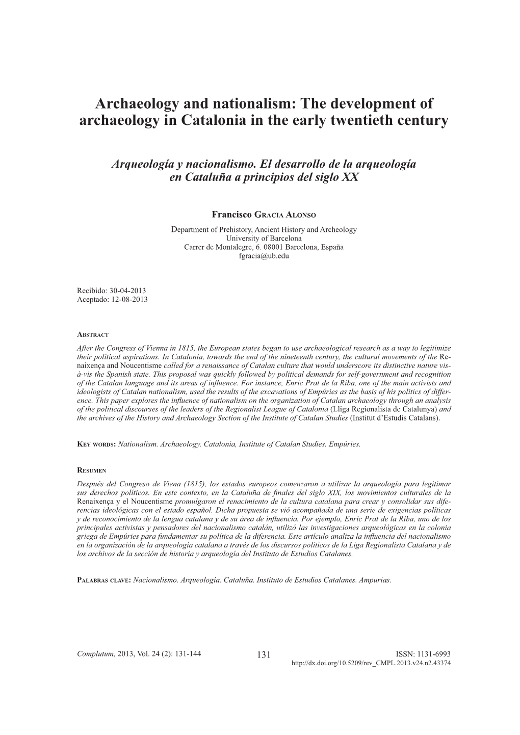 Archaeology and Nationalism: the Development of Archaeology in Catalonia in the Early Twentieth Century