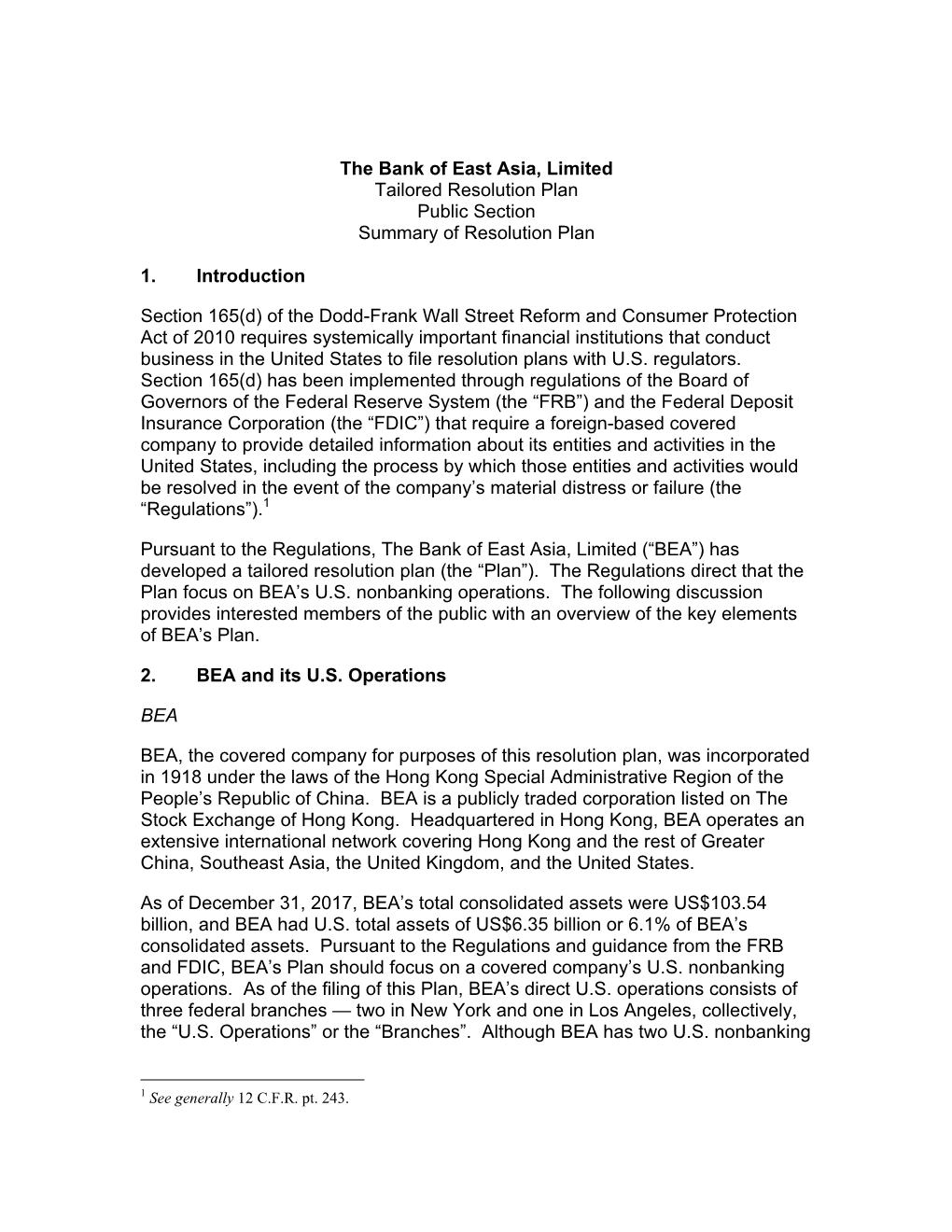 Bank of East Asia, Limited Tailored Resolution Plan Public Section Summary of Resolution Plan