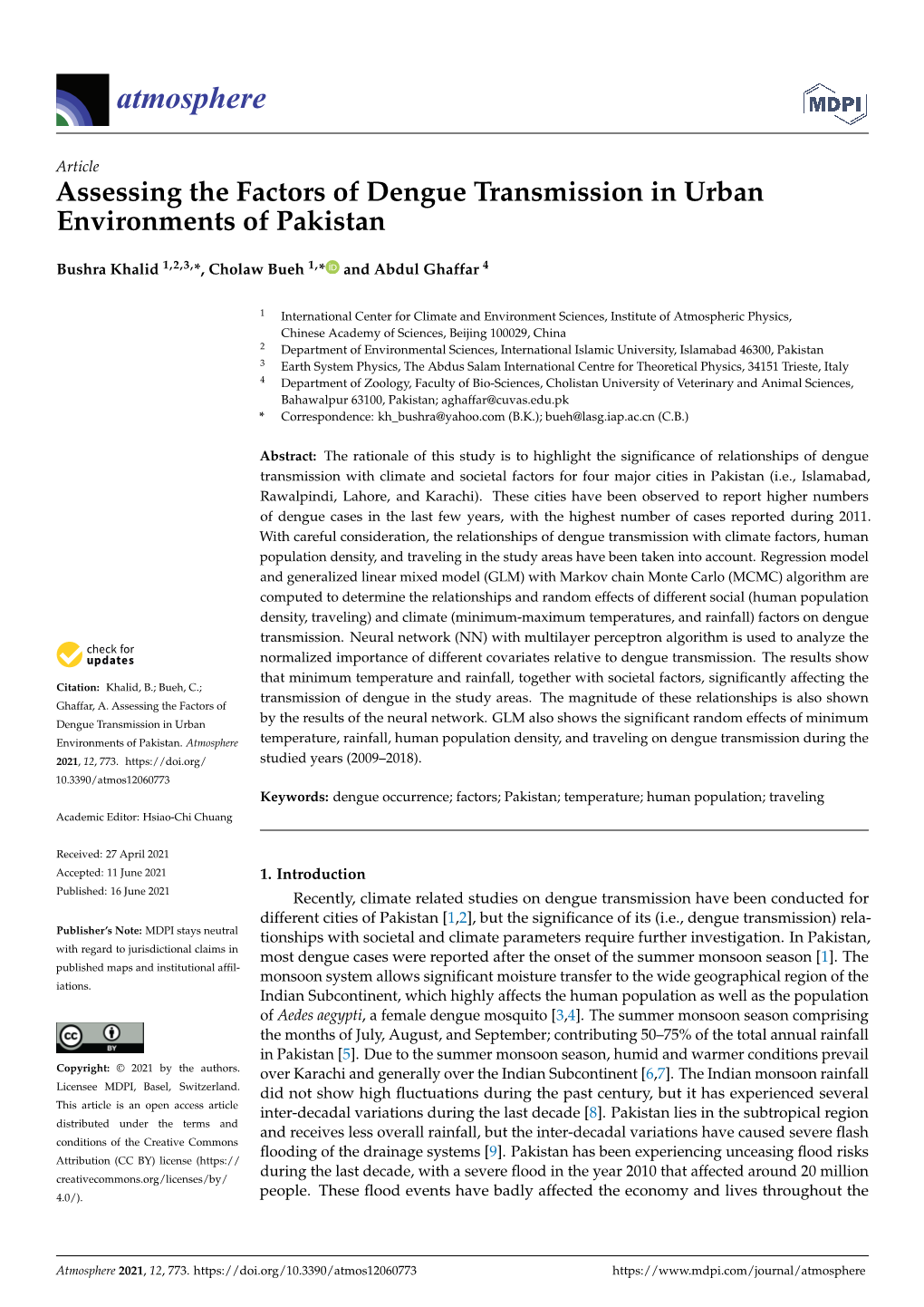 Assessing the Factors of Dengue Transmission in Urban Environments of Pakistan