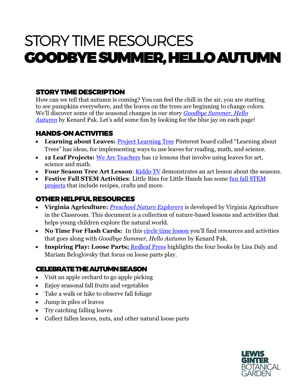 Goodbye Summer, Hello Autumn Resources