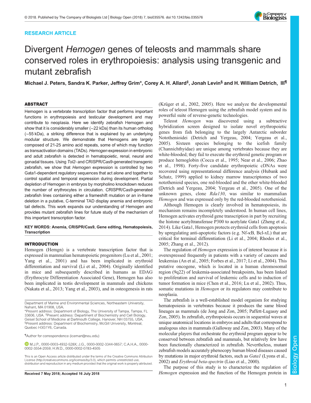 Divergent Hemogen Genes of Teleosts and Mammals Share Conserved Roles in Erythropoiesis: Analysis Using Transgenic and Mutant Zebrafish Michael J