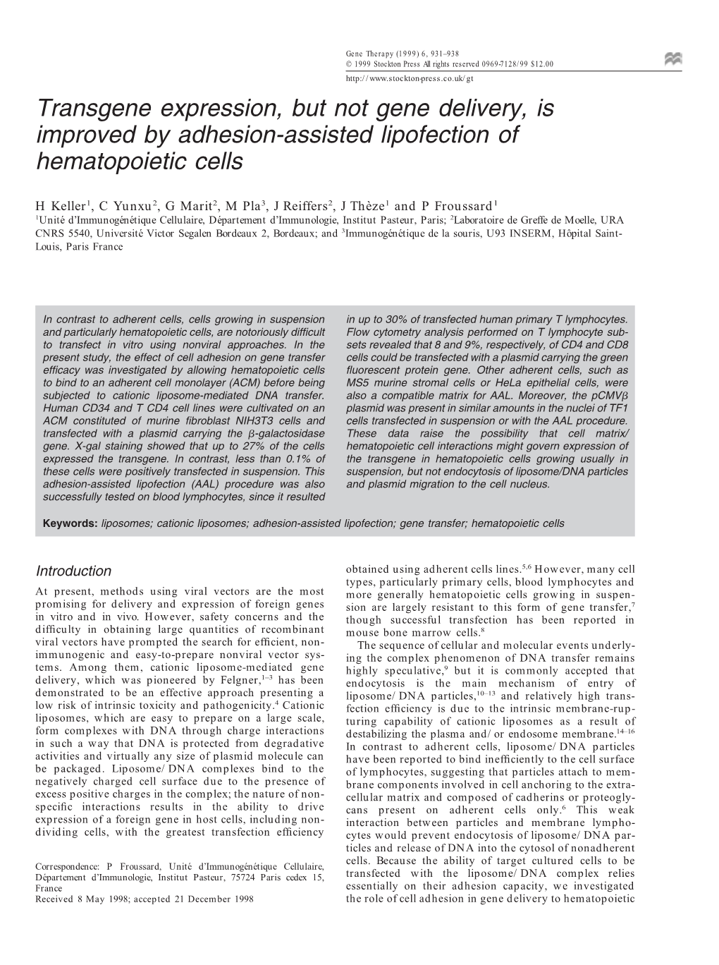 Transgene Expression, but Not Gene Delivery, Is Improved by Adhesion-Assisted Lipofection of Hematopoietic Cells