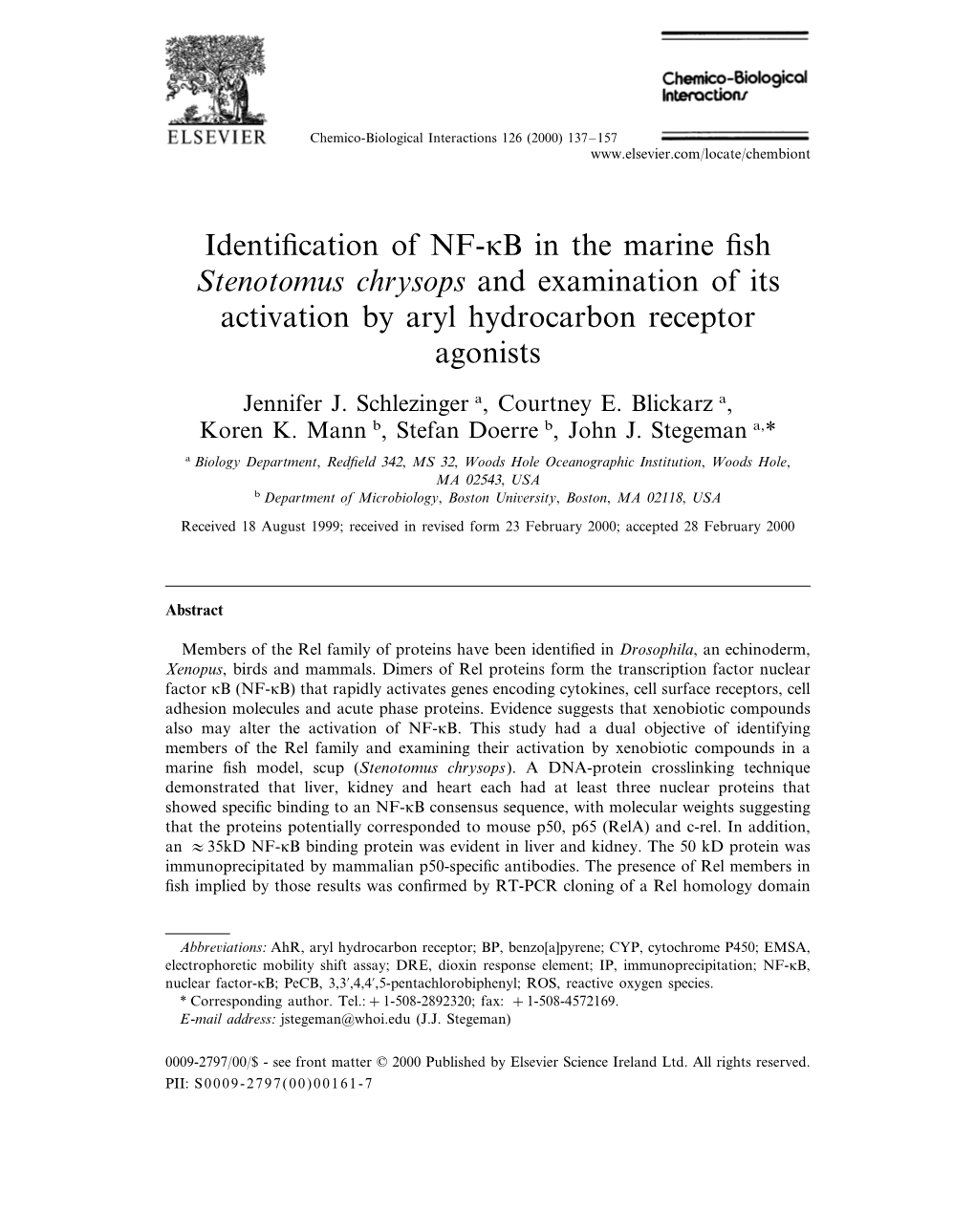 Identification of NF-Kb in the Marine Fish Stenotomus Chrysops And