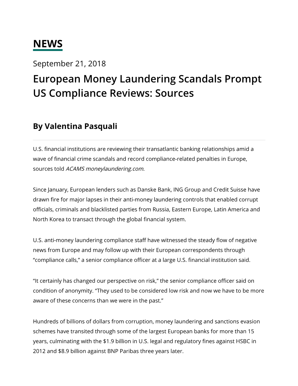 NEWS European Money Laundering Scandals Prompt US Compliance