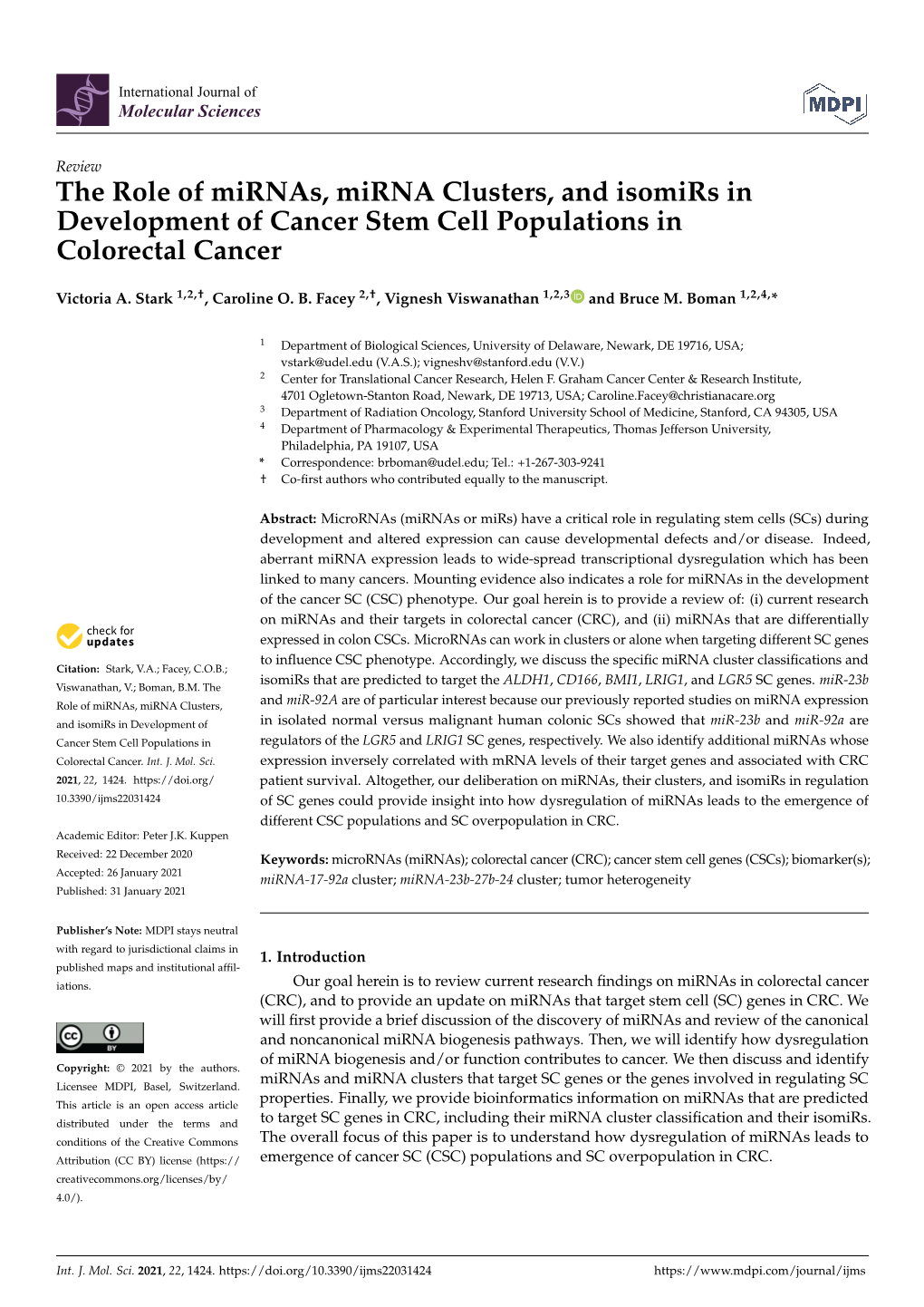 The Role of Mirnas, Mirna Clusters, and Isomirs in Development of Cancer Stem Cell Populations in Colorectal Cancer