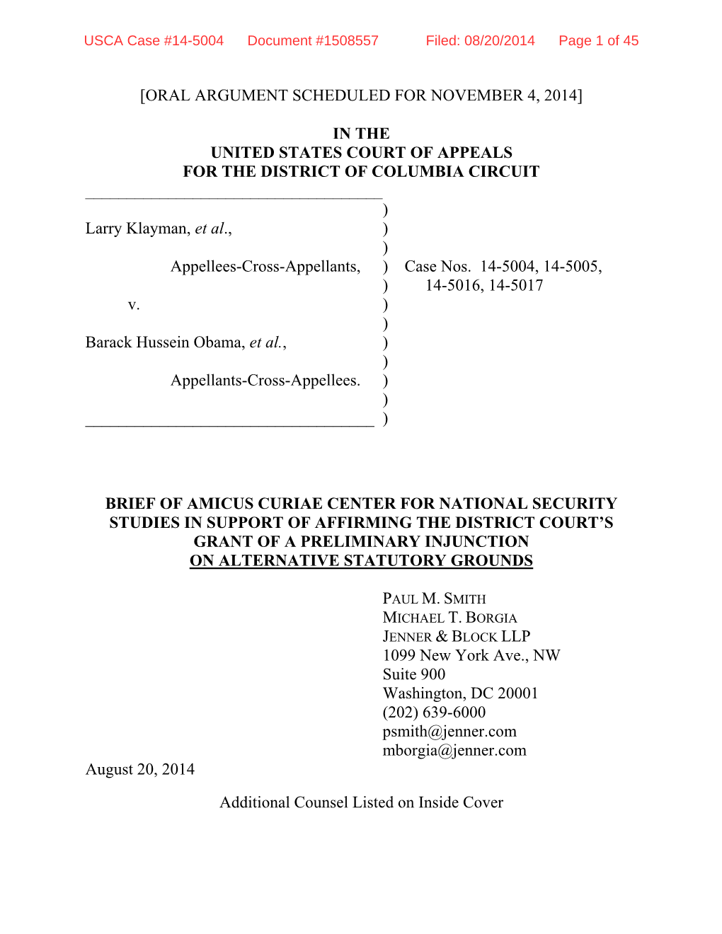 USCA Case #14-5004 Document #1508557 Filed: 08/20/2014 Page 1 of 45