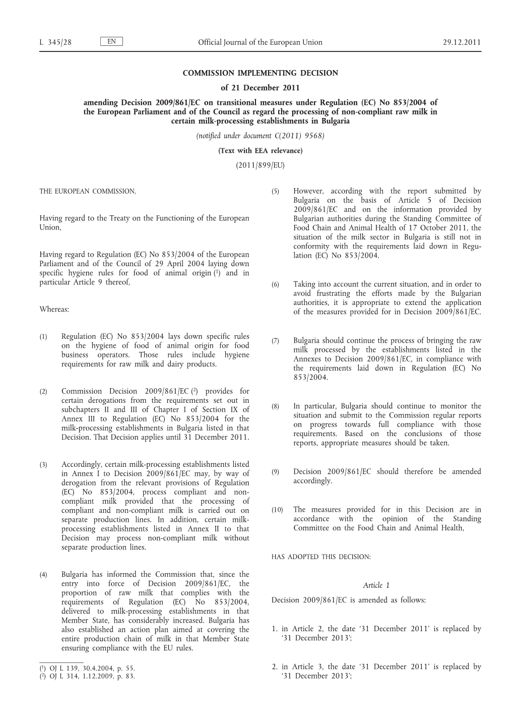 Commission Implementing Decision of 21 December 2011 Amending