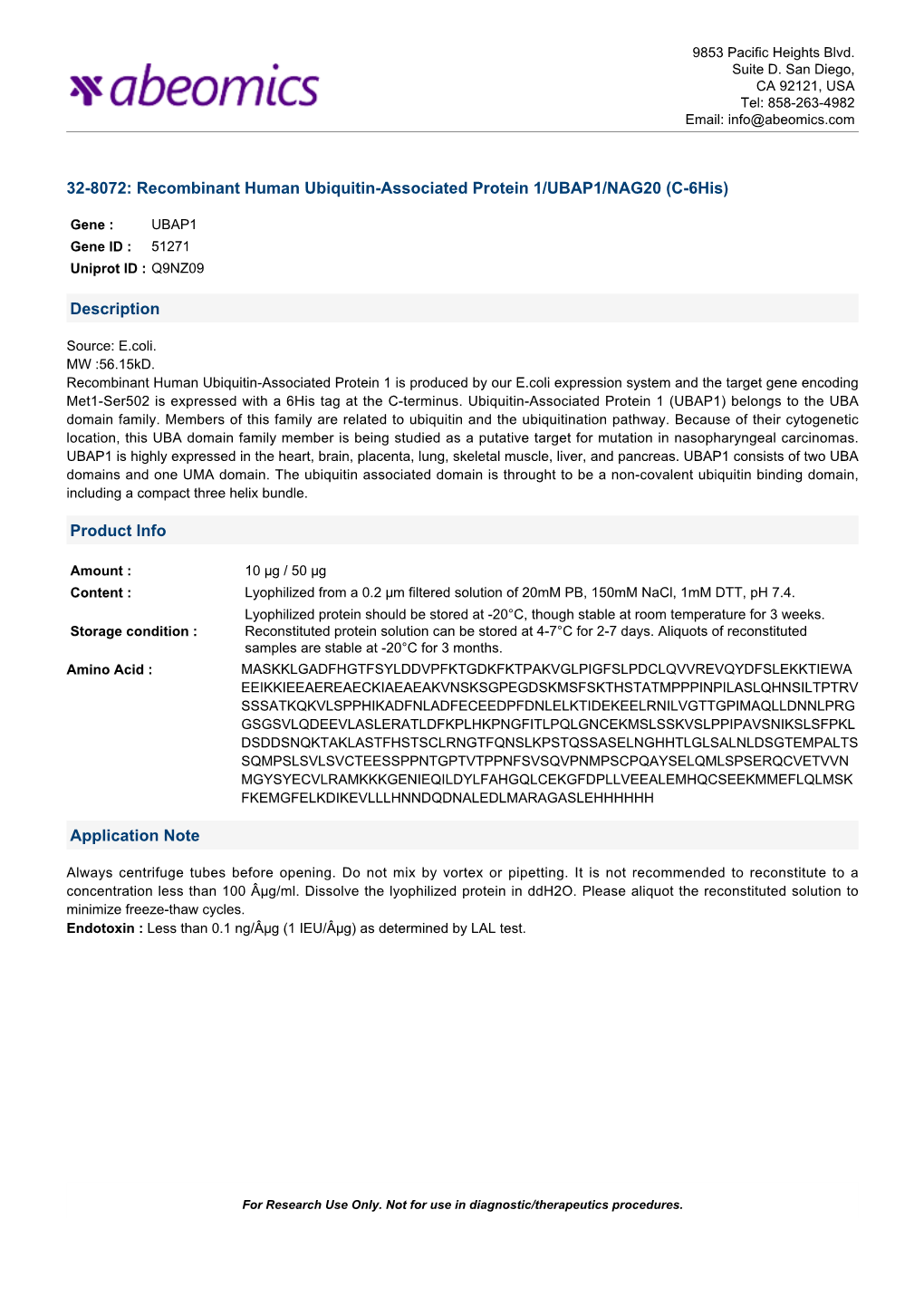 Recombinant Human Ubiquitin-Associated Protein 1/UBAP1/NAG20 (C-6His)