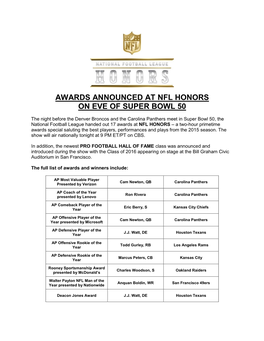 Awards Announced at Nfl Honors on Eve of Super Bowl 50