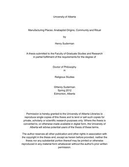 Anabaptist Origins, Community and Ritual by Henry Suderman a Thesis