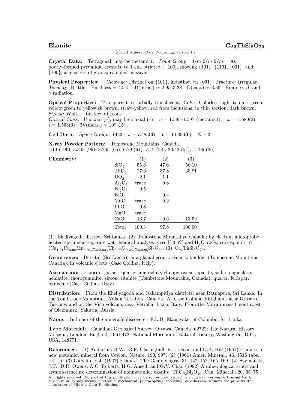 Ekanite Ca2thsi8o20 C 2001 Mineral Data Publishing, Version 1.2 ° Crystal Data: Tetragonal; May Be Metamict