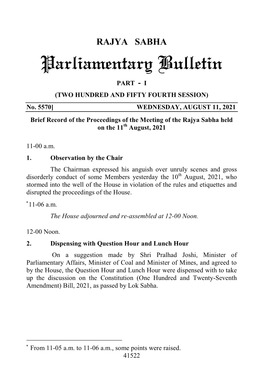 11, 2021 Brief Record of the Proceedings of the Meeting of the Rajya Sabha Held on the 11Th August, 2021