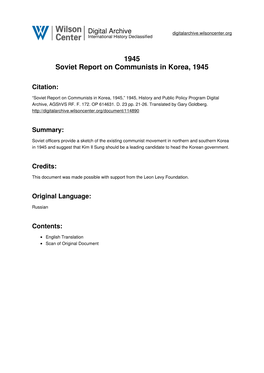 1945 Soviet Report on Communists in Korea, 1945