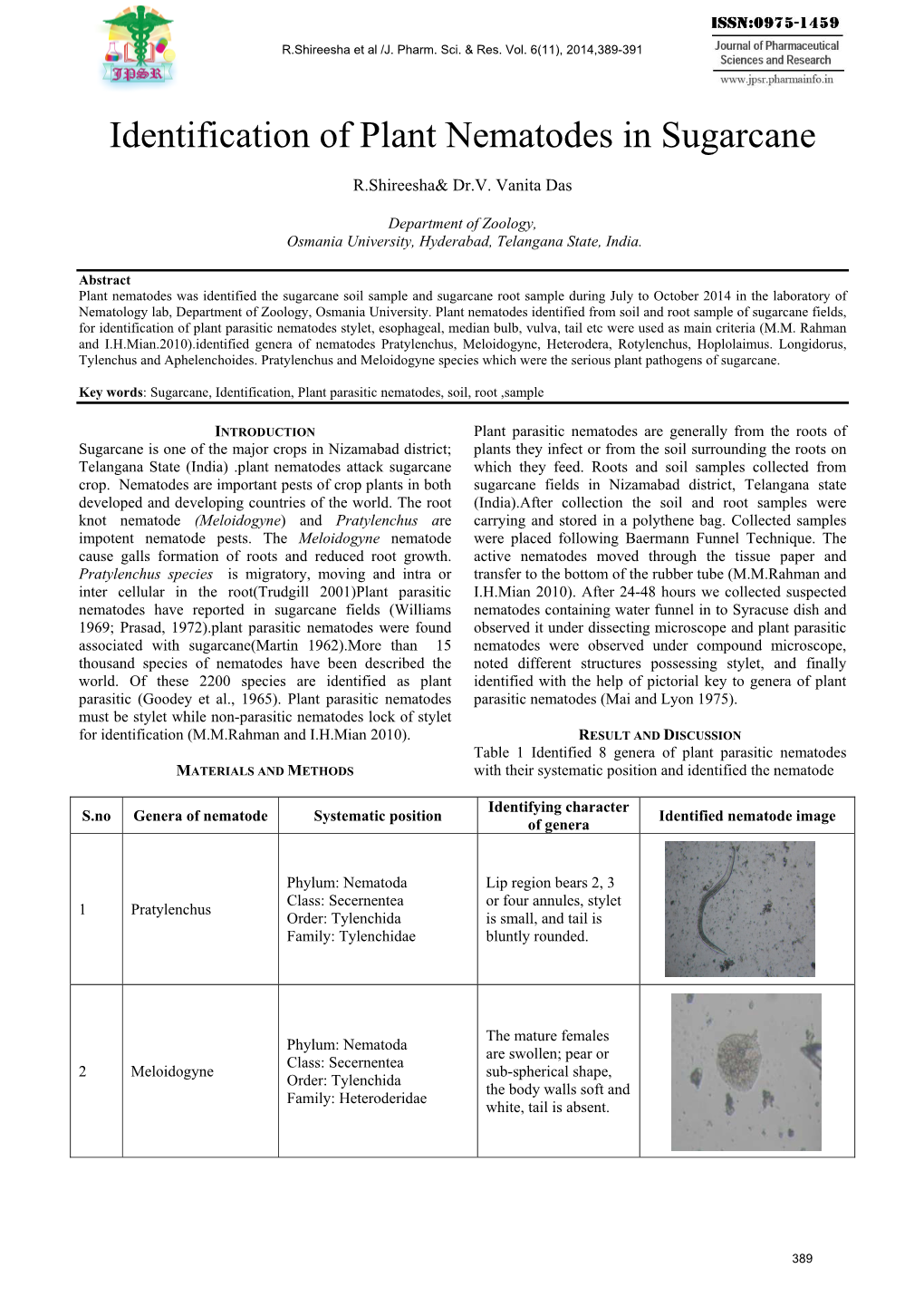 Identification of Plant Nematodes in Sugarcane