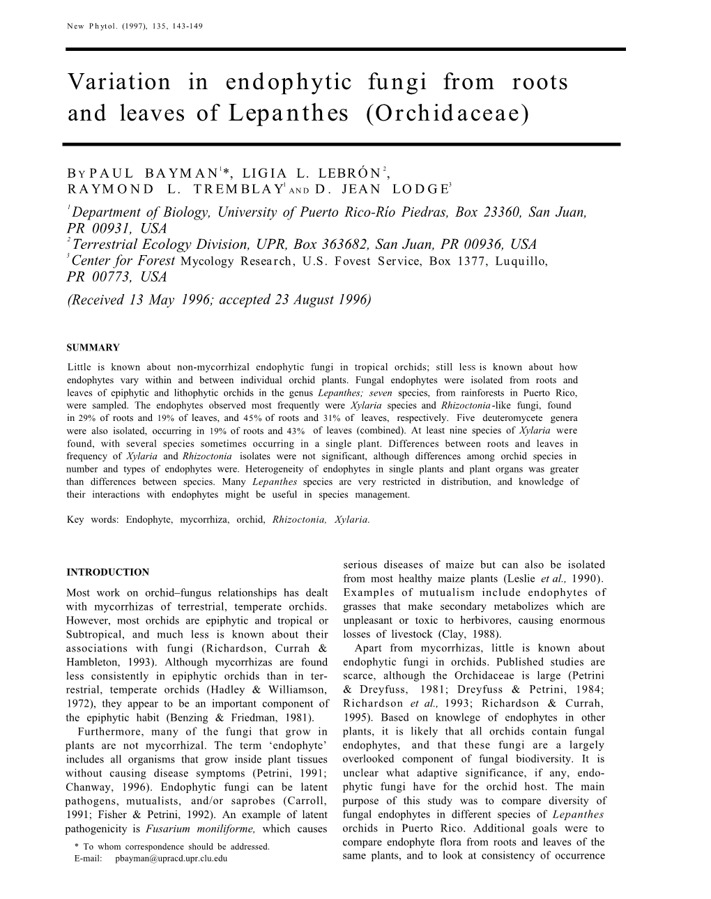 Variation in Endophytic Fungi from Roots and Leaves of Lepanthes (Orchidaceae)