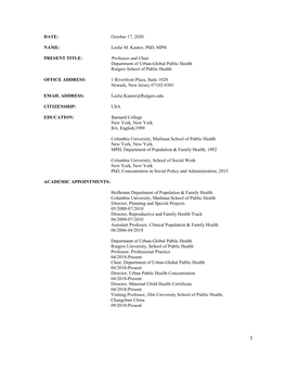 October 17, 2020 NAME: Leslie M. Kantor, Phd, MPH PRESENT TITLE