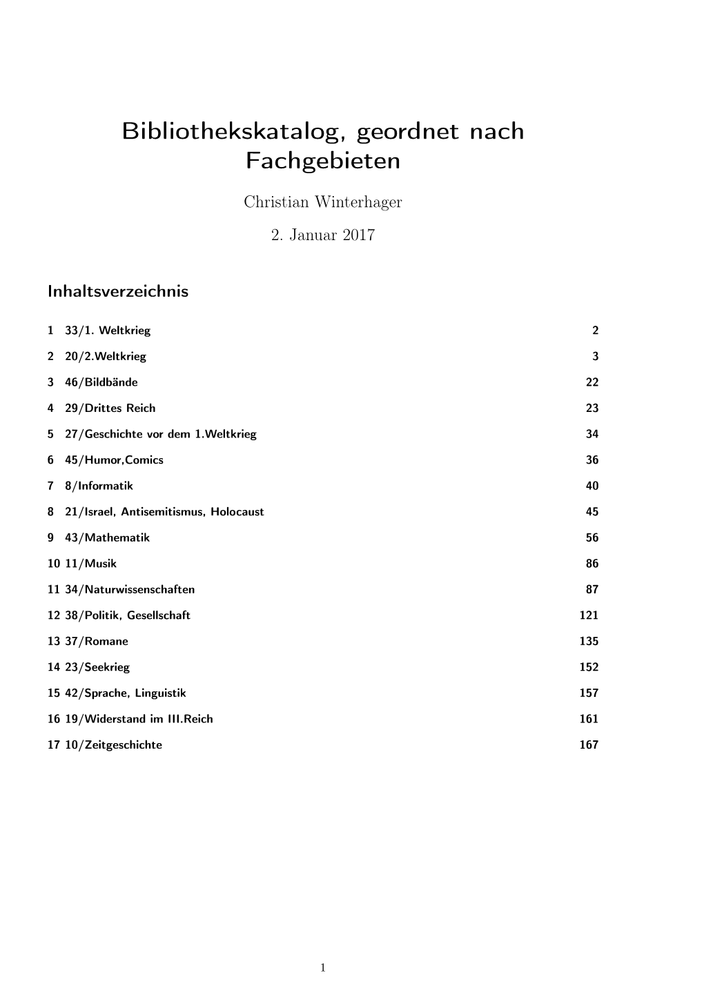 Bibliothekskatalog, Geordnet Nach Fachgebieten