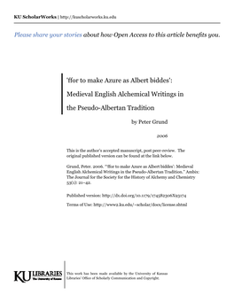 Medieval English Alchemical Writings in the Pseudo-Albertan Tradition.” Ambix: the Journal for the Society for the History of Alchemy and Chemistry 53(1): 21–42