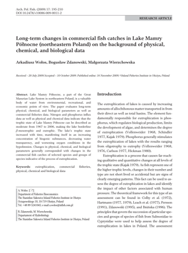 Long-Term Changes in Commercial Fish Catches in Lake Mamry Północne