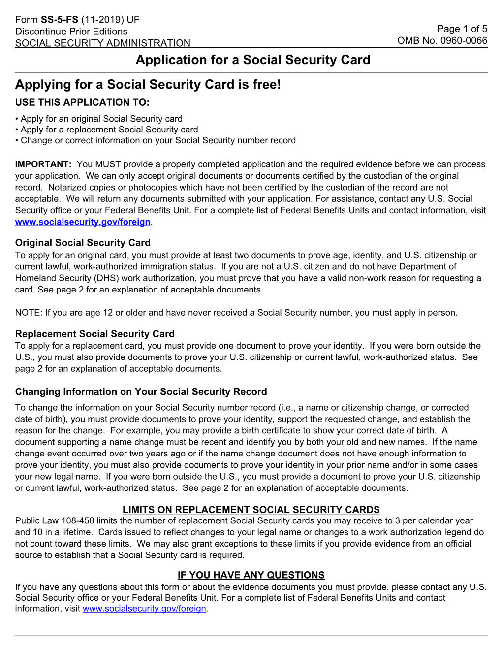 Application for the Social Security Card