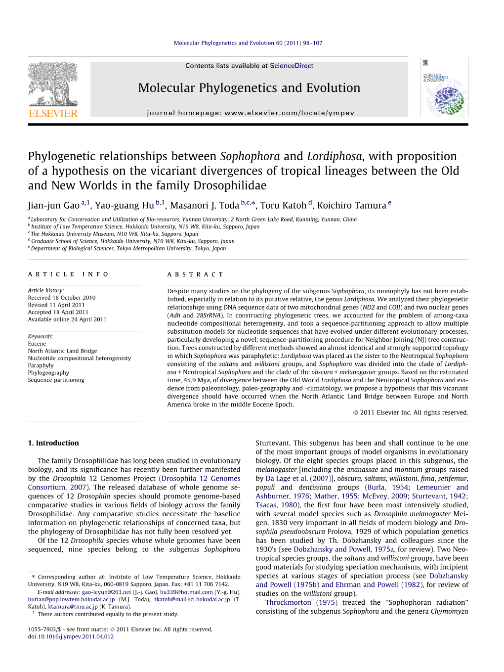 Phylogenetic Relationships Between Sophophora and Lordiphosa, with Proposition of a Hypothesis on the Vicariant Divergences of T