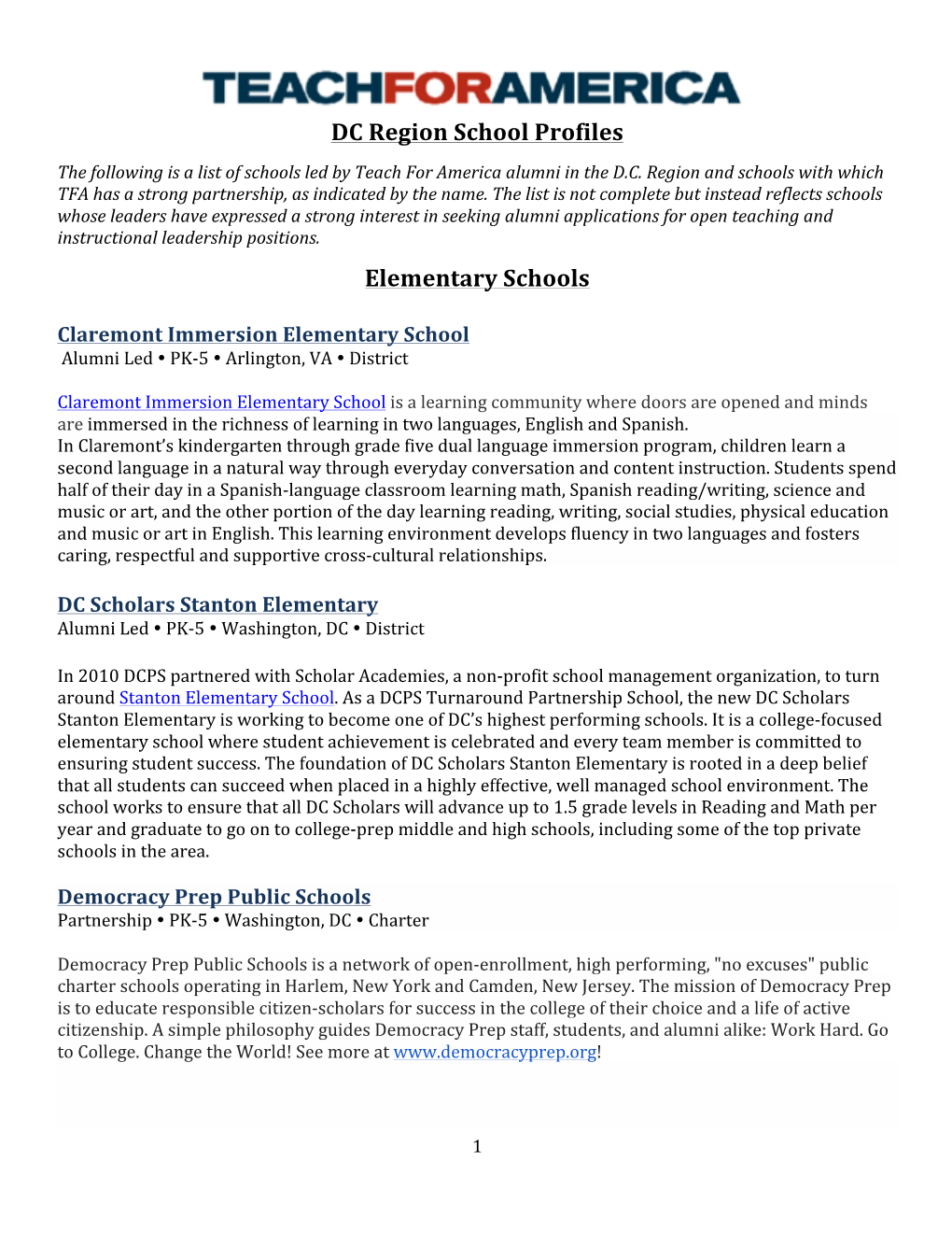 DC Region School Profiles Elementary Schools