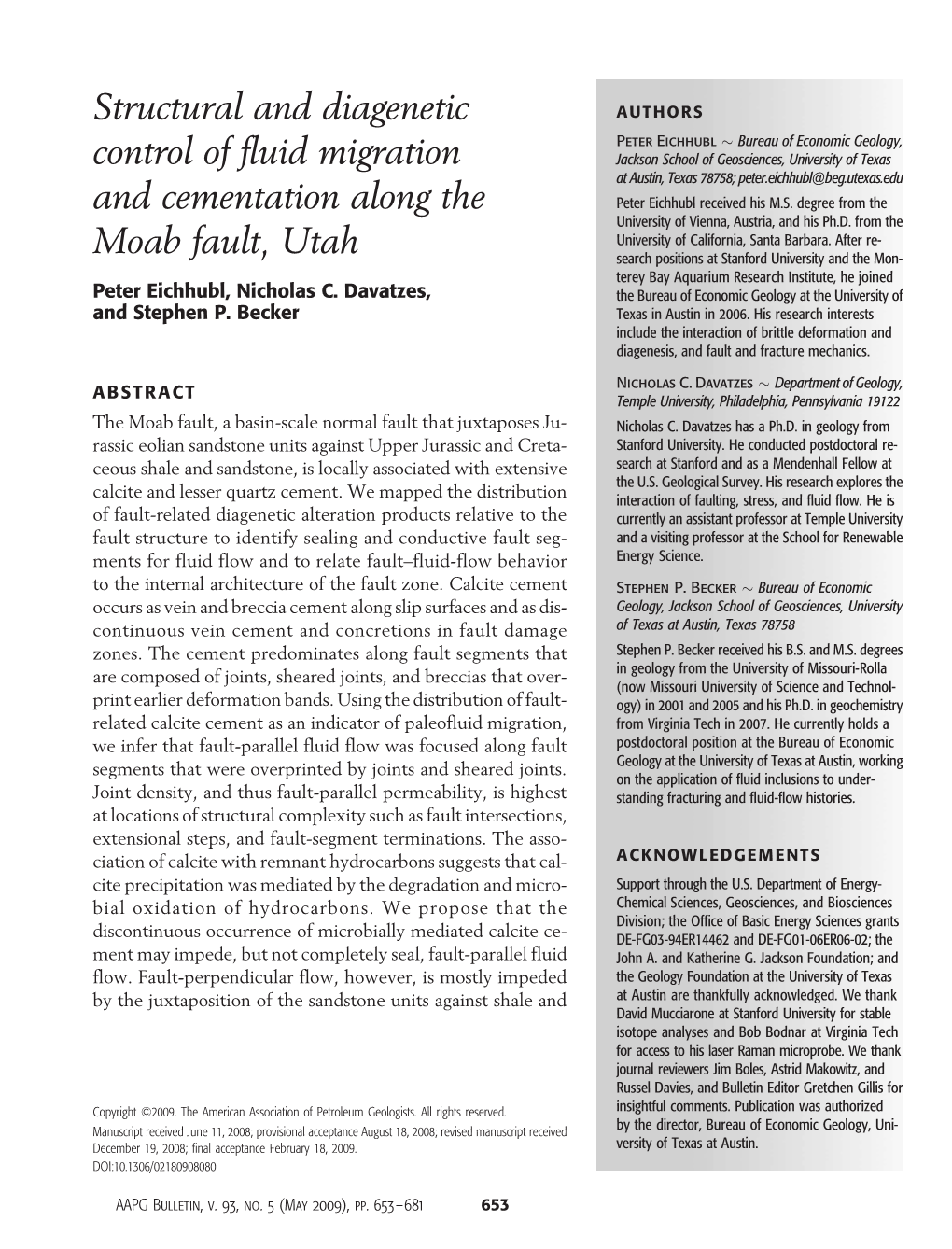 Structural and Diagenetic Control of Fluid Migration and Cementation Along the Moab Fault, Utah