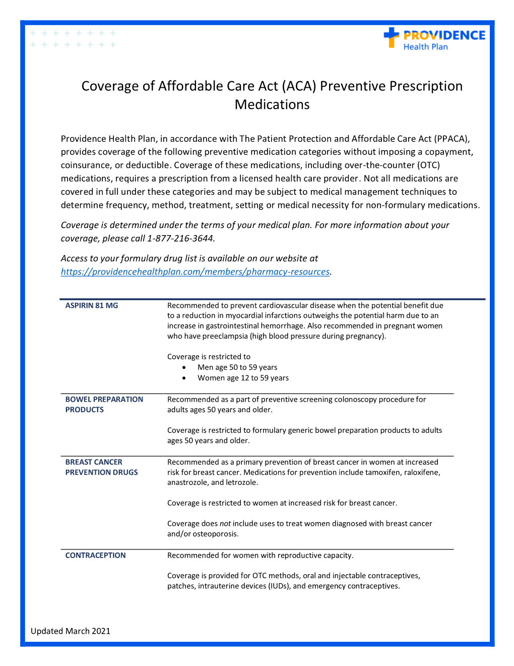 Coverage of Affordable Care Act (ACA) Preventive Prescription Medications