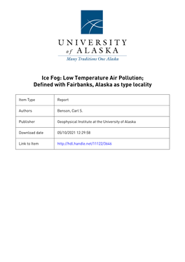 Low Temperature Air Pollution; Defined with Fairbanks, Alaska As Type Locality
